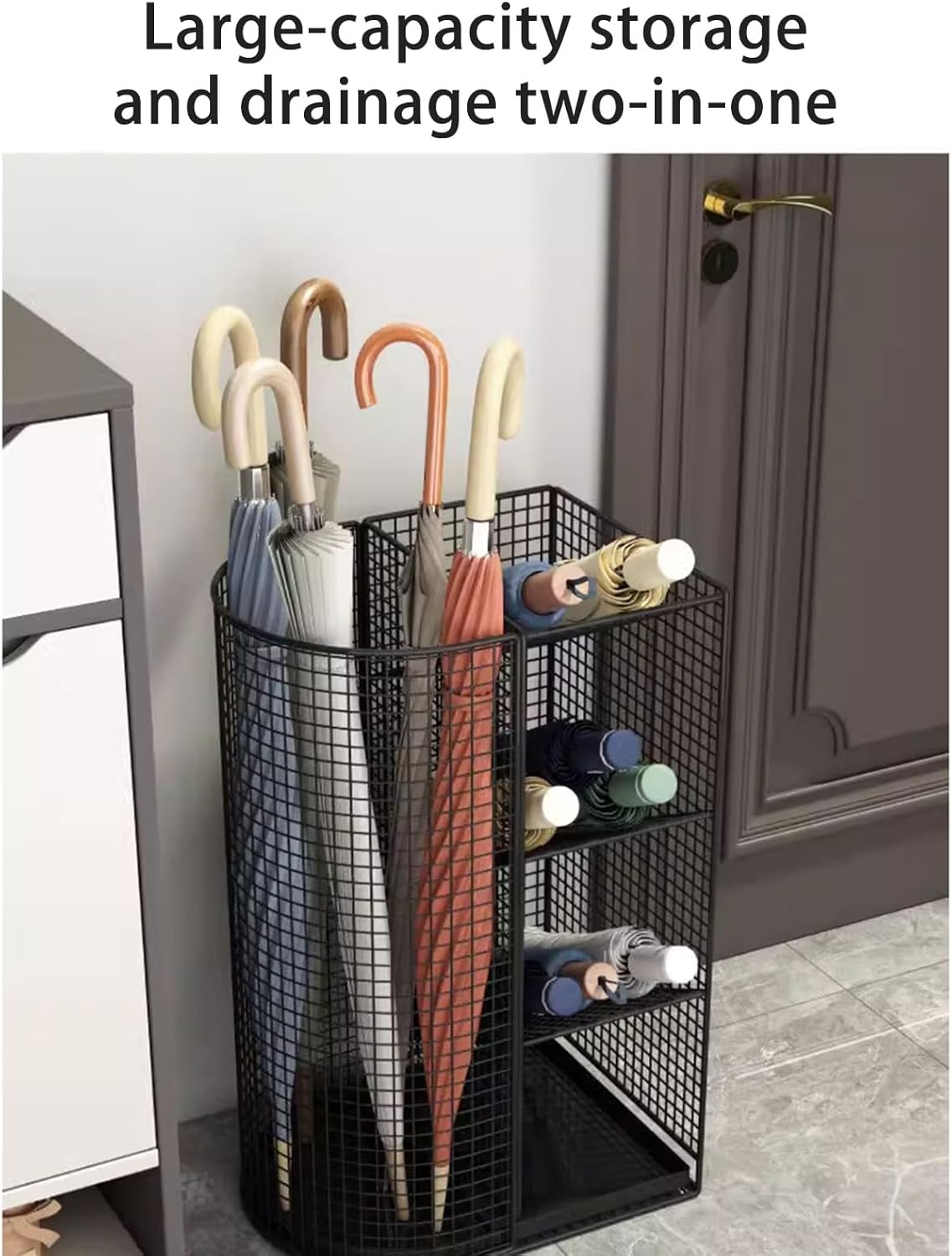 Commercial Metal Umbrella Holder Indoor Large-Capacity Umbrella Storage Shelf Umbrella Basket with Removable Drip Tray for Entryway Metal Entrance Umbrellas Organizer(Black)