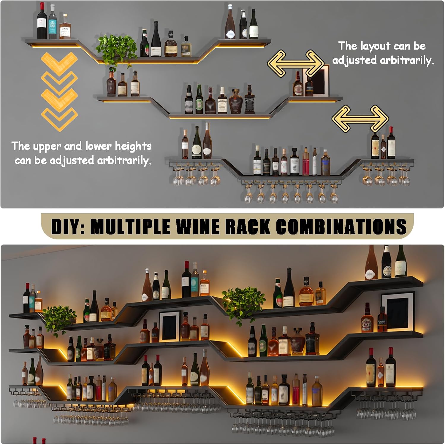 31.5"Modern LED Wine Rack Wall Mounted,3-Tier Floating Bar Shelves | Large Hanging Liquor Shelf Wall Mounted with Wine Glass Rack,DIY Modular WaveDesign,Black Metal for Home Bar Dining Room Cafe
