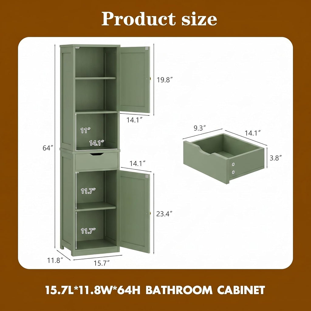 Walsunny Tall Bathroom Storage Cabinet with Freestanding Adjustable Shelves, Narrow Storage Linen Cabinet with 2 Doors and 1 Drawer for Bathroom, Living Room, Kitchen, Green