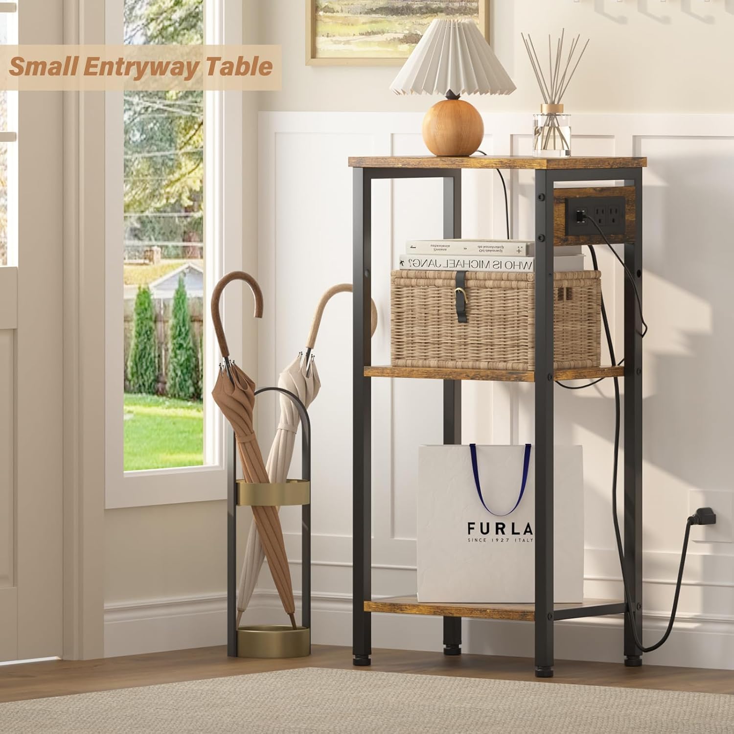 Asgolion Tall End Table with Charging Station, 3 Tier Narrow Tall Nightstand with Storage, Slim Side Table with USB Ports and Outlets for Bedroom, Living Room, Office, Rustic Brown and Black