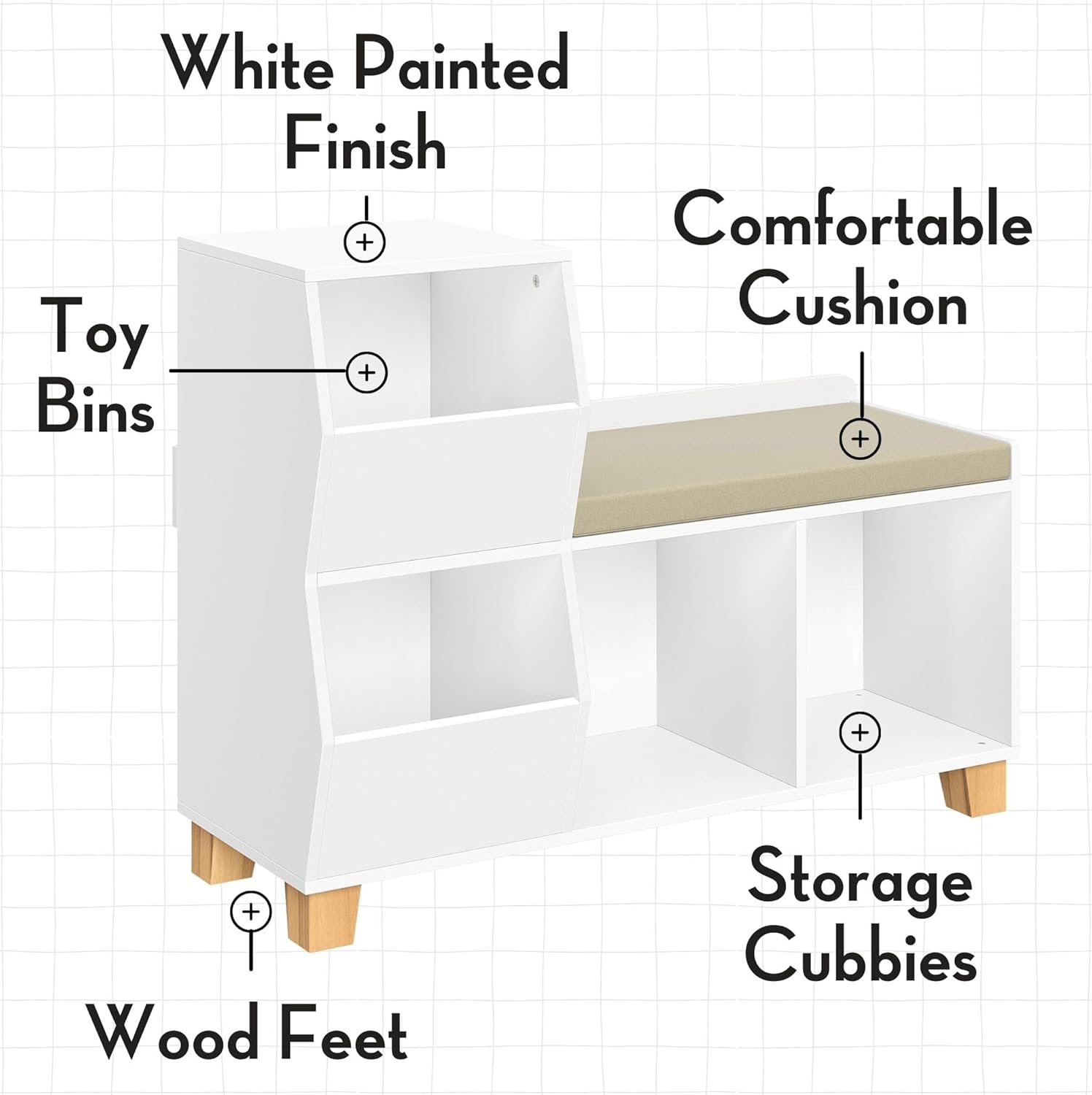 RiverRidge Kids Catch-All Toy Storage Organizer Bench with Cubbies & Toy Bins for Playroom - Cubby Organizer