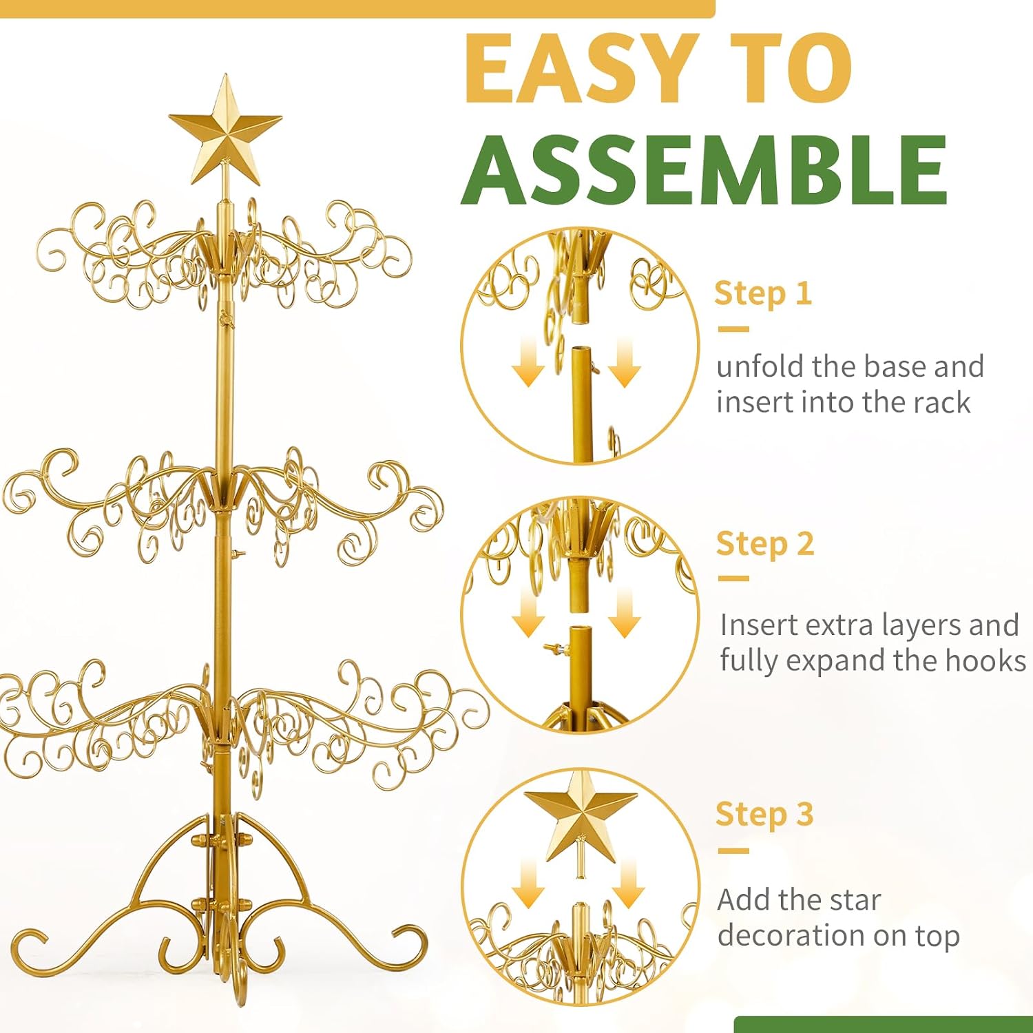 Karl home Metal Ornament Display Tree Stand, 3ft Wrought Iron Christmas Tree for Halloween Christmas Balls Bauble Decorations Gift Craft(Yellow)