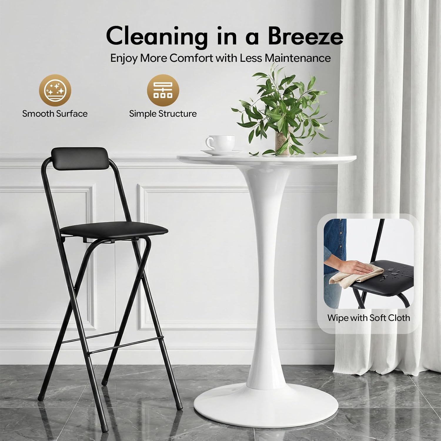 Folding Bar Stool with Back, 30 Inch Tall Foldable Bar Chair with Backrest Sponge Cushion, Counter Height Portable Folding Stool, for Kitchens Dining Rooms Bars Cafes (Black, 1Pcs)