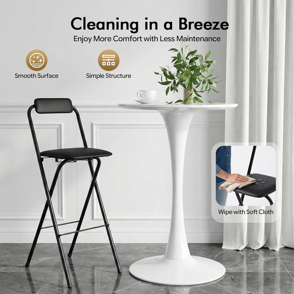 Foldable Bar Chair, 29.53" Tall Folding Chair Portable Stools with Backrest Cushioned Padded for Camping Kitchen Home Office, Load Capacity 275LBS (Black, 1PCS;29.53")