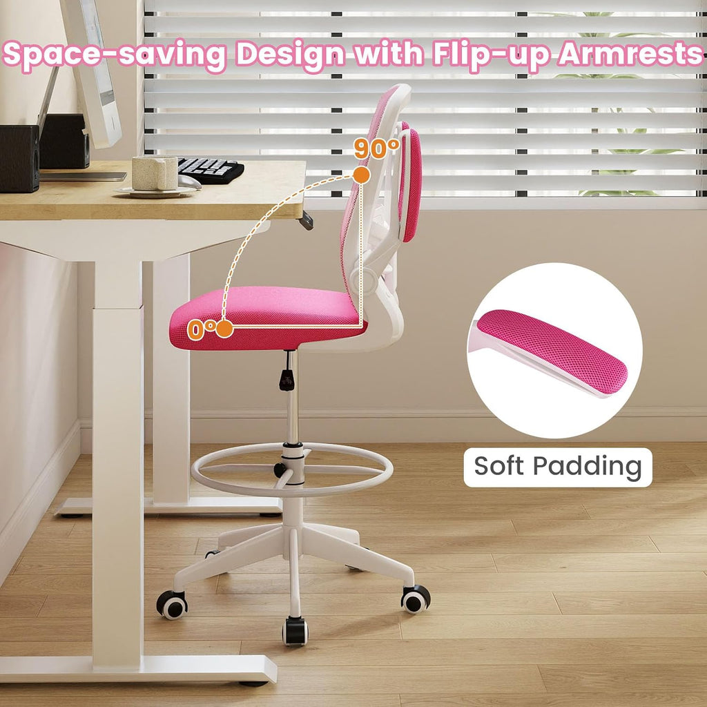 Giantex Ergonomic Drafting Chair Tall Office Chair with Flip-Up Armrests Footrest Ring Height Adjustable Executive Task Chair Mesh Computer Standing Desk Chair Lumbar Support for Home Office (Pink)