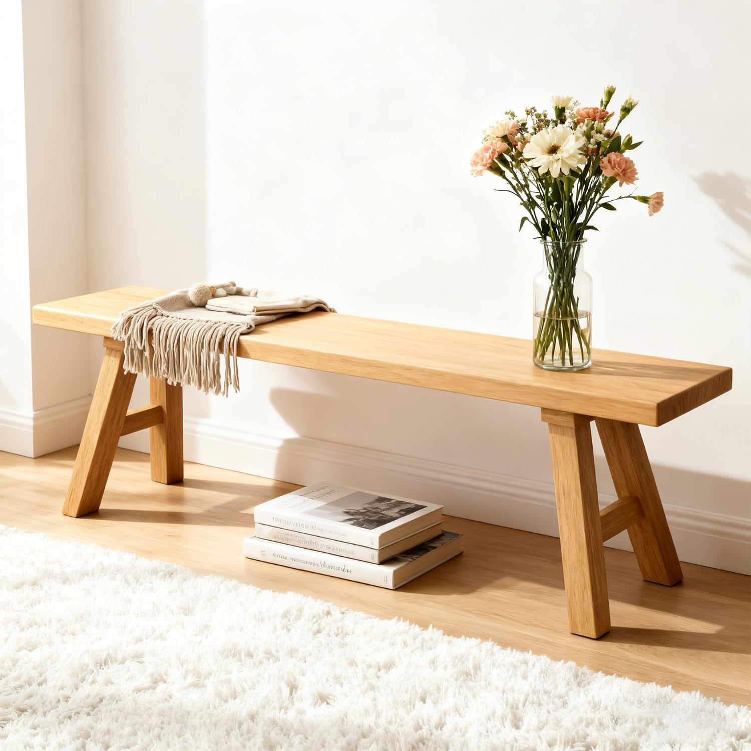 Solid Wood Entryway Bench - Rustic Elm Farmhouse Dining Bench for Hallway, Bedroom, Kitchen - 2-Person Seating, Natural Wood Finish