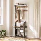 YATINEY Coat Rack Shoe Bench, 4-in-1 Hall Tree with Storage Shelves and Hanging Rod, Entryway Storage Organizer with 8 Movable Hooks, for Entryway, Hallway, Corridor, Rustic Brown and Black MT12BR