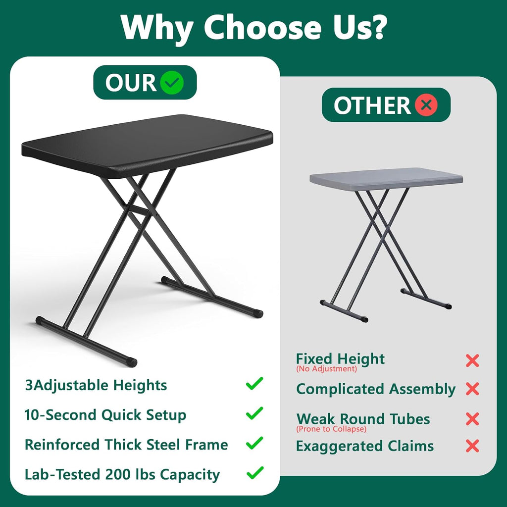 30 Inch Folding Table, Adjustable Height TV Tray for Small Spaces, Heavy Duty Foldable Utility Table for Laptop, Dining, Camping, No Assembly, 200 lbs Capacity, Black Granite