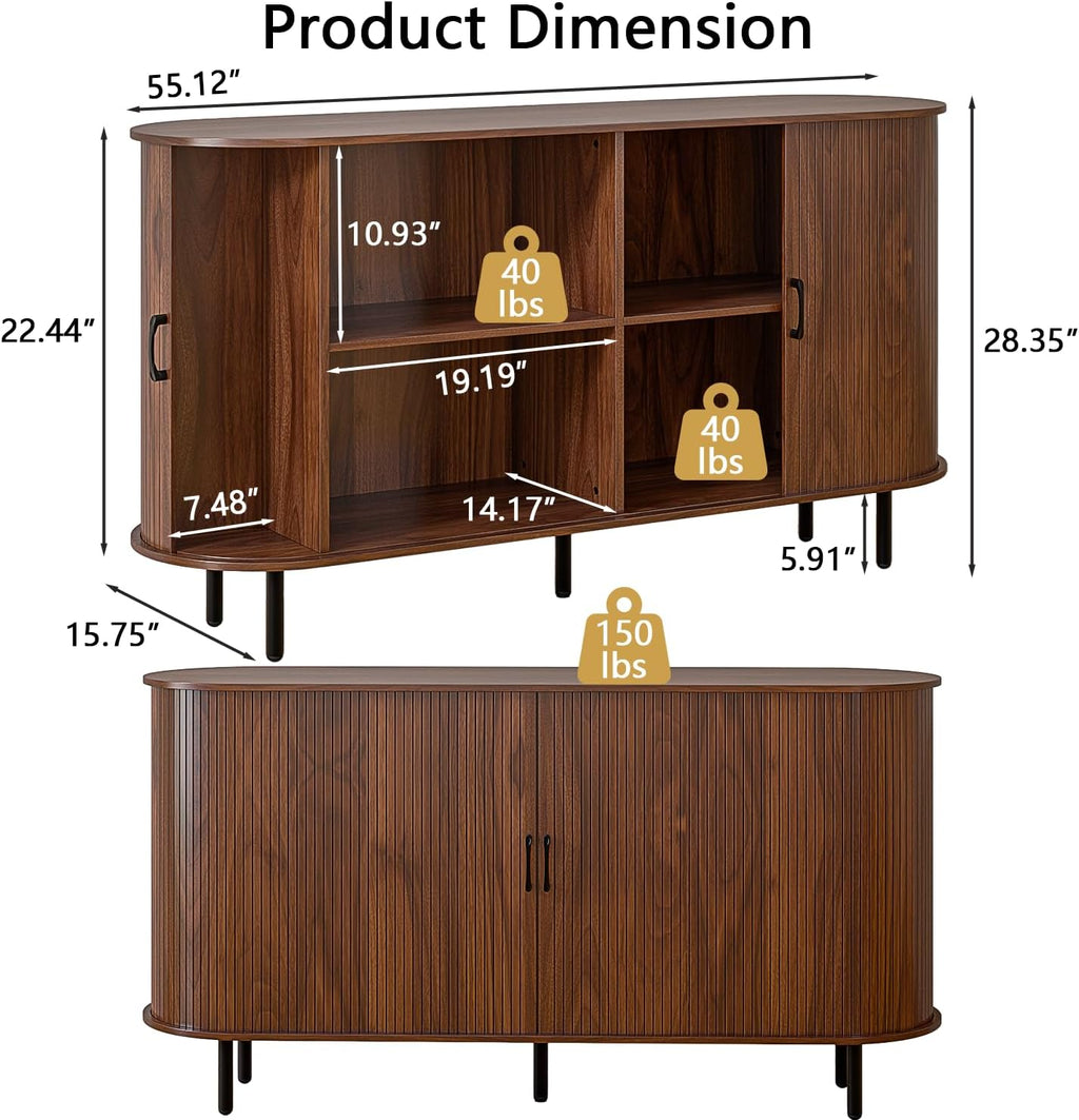 TAVATA Sideboard Buffet Cabinet with Storage, 55" Fluted Storage Cabinet with Tambour Sliding Doors, Wood Coffee Bar Console Table for Living Room Hallway Entryway (Walnut)