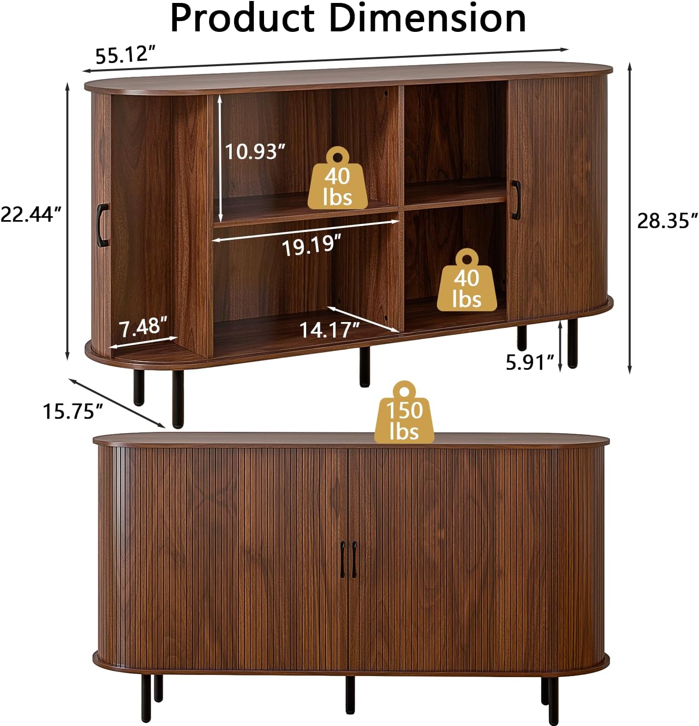 TAVATA Sideboard Buffet Cabinet with Storage, 55" Fluted Storage Cabinet with Tambour Sliding Doors, Wood Coffee Bar Console Table for Living Room Hallway Entryway (Walnut)