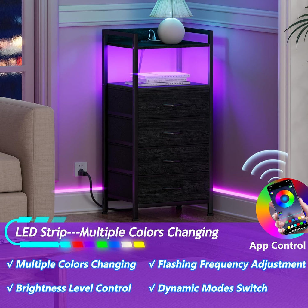 Furnulem Night Stand with Charging Station,LED,Tall Bedside Table for Dorm | 4 Drawer Dresser for bedroom, with LED light & Remote Control, Fabric Bins and Metal Frame,Wood Desk Top,Easy Assemble,Black