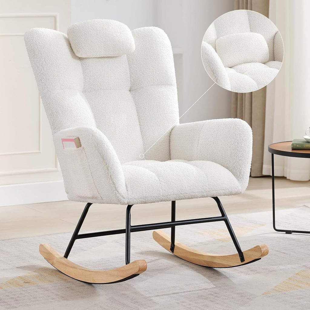 Nursery Rocking Chair with Pillow, 300Lb Glider Chair with Wood Legs/Two Side Pockets, Teddy Upholstered Glider Rocker with Padded Seat High Backrest for Nurser, Bedroom, Living Room, Beige