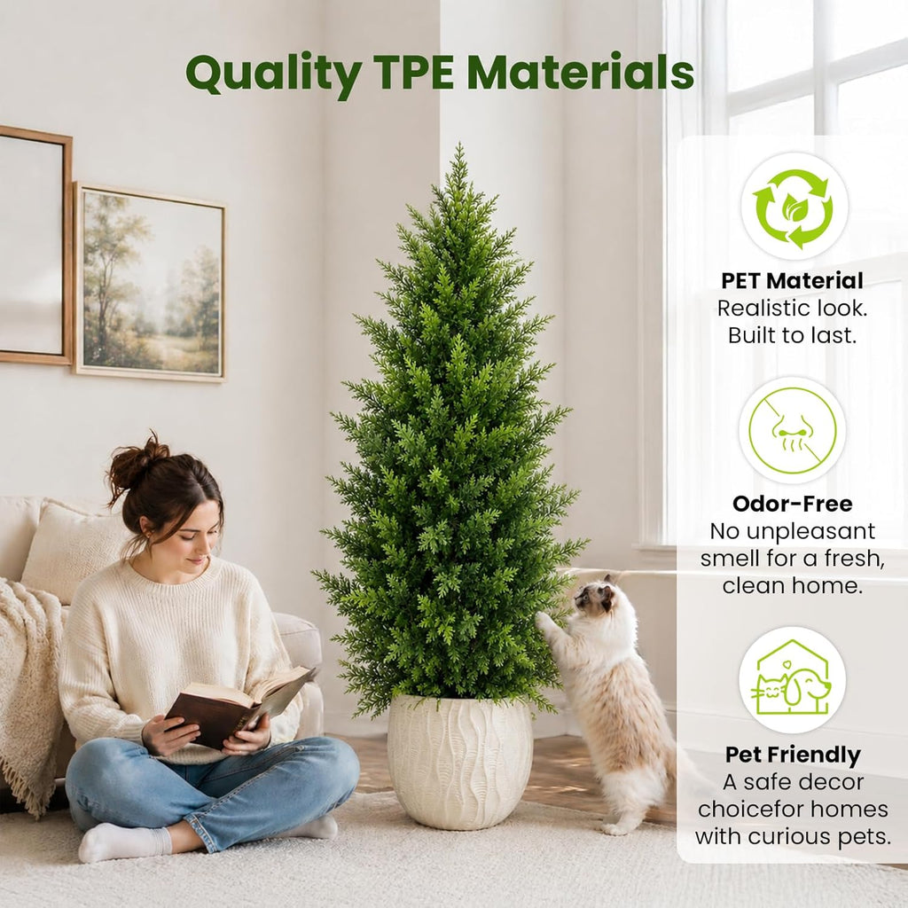 4FT Artificial Topiary Cedar Trees Outdoor, Realistic Faux Pine Shrubs Plants, UV Resistant Fake Evergreen Plants for Front Porch Decor, Artificial Bushes Cypress for Home Offices, Set of 2