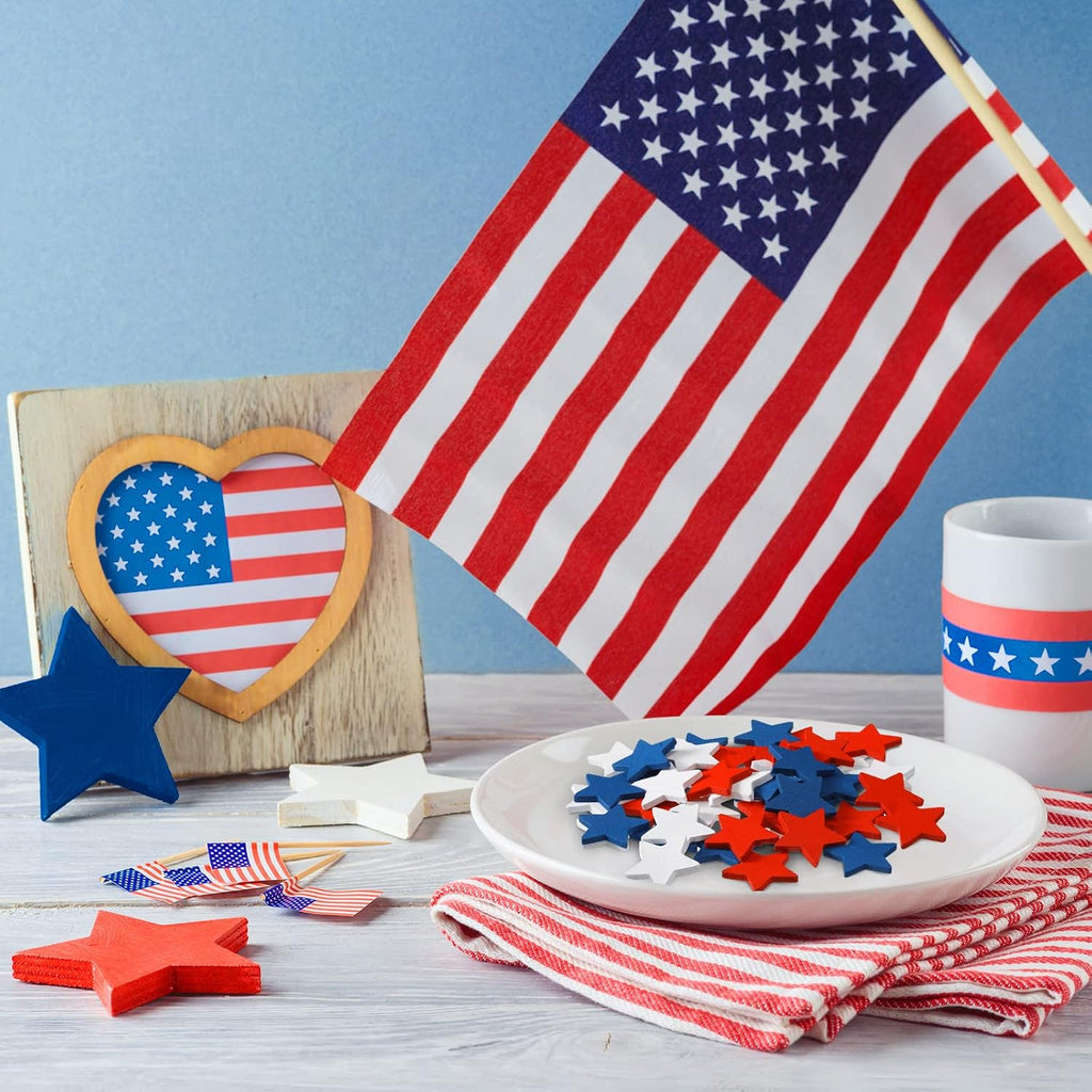 Bucherry 45 Pcs 4th of July Wooden Stars Decorations Patriotic Red White Blue Star 250 Anniversary Ornaments Crafts Cutouts Vase Bowl Filler Tiered Tray Decor for Independence Memorial Day