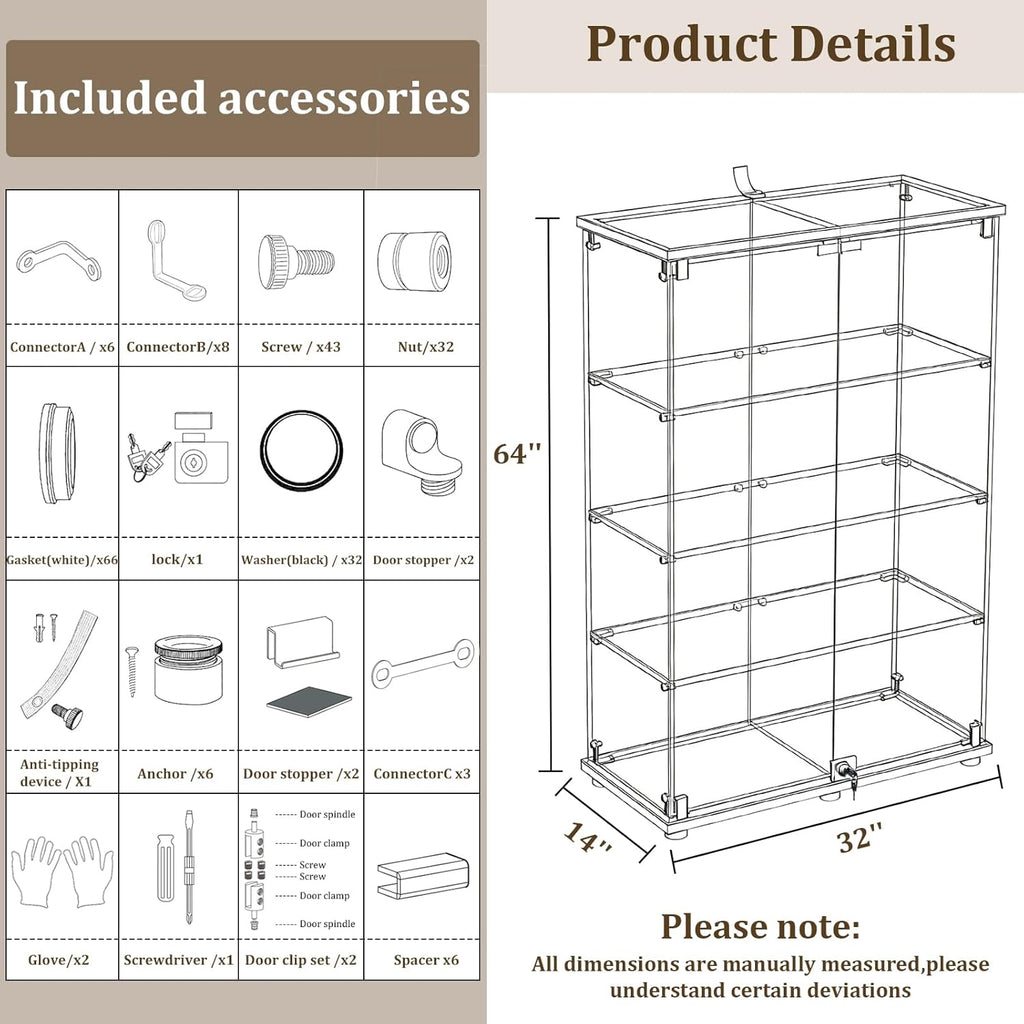 BEAUTYPEAK Tempered Glass Display Cabinet, 4-Tier Curio Cabinet with Glass Doors and Lock, Glass Display Case for Collectibles, for Living Room, Double Door, Black