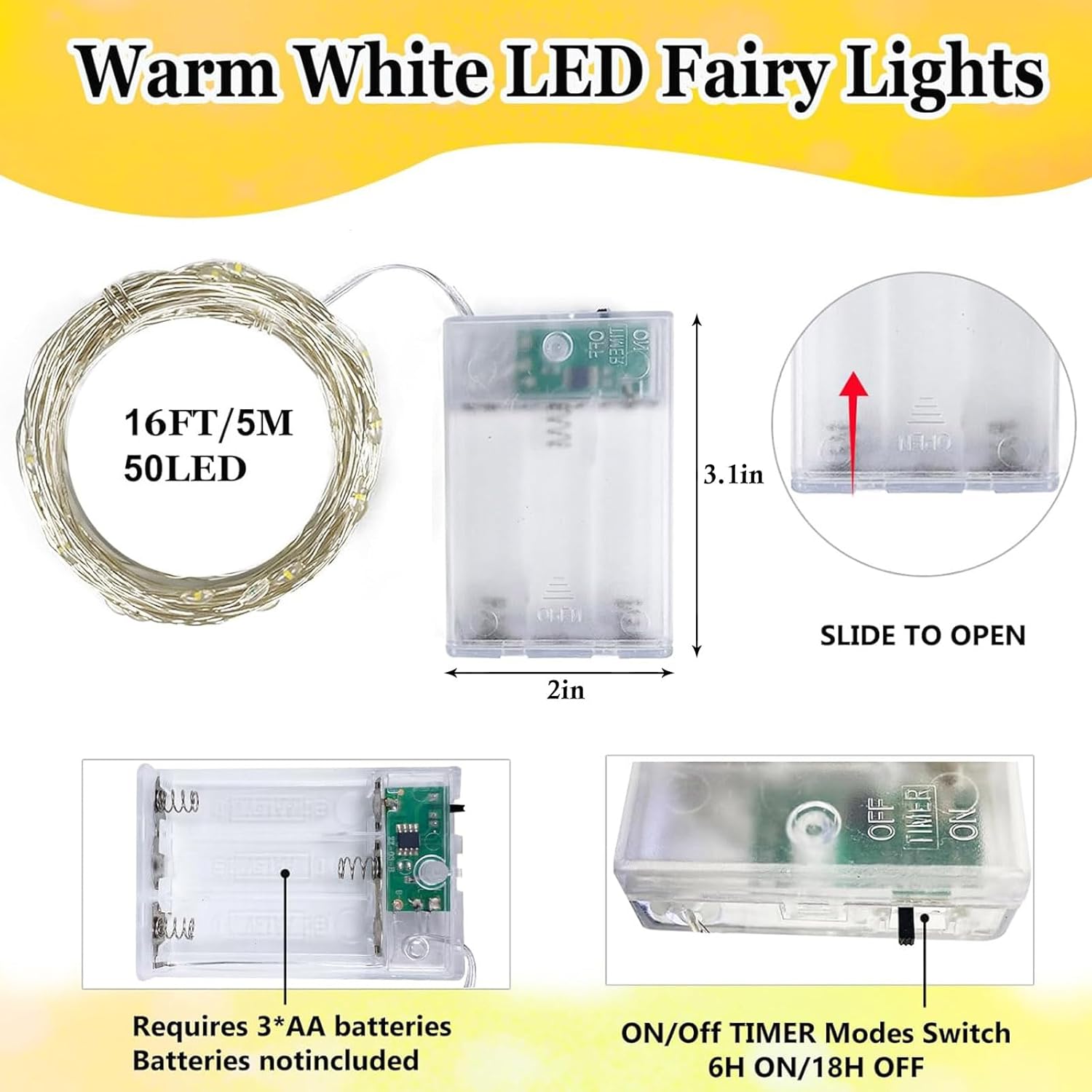 4-Pack Fairy Lights Battery Operated with Timer, 16FT 50 LED String Lights Indoor Outdoor, Cuttable Starry Fairy Lights Waterproof for Home Bedroom Classroom Dorm Wedding Christmas Decor (Warm White)