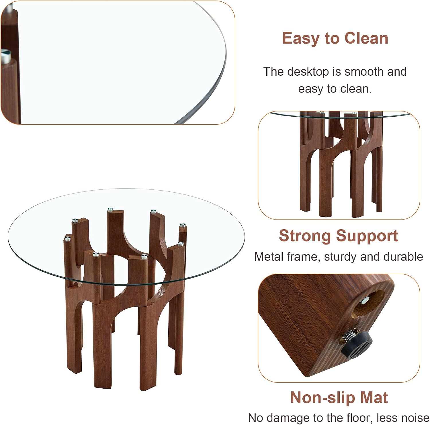 46" Round Tempered Glass Dining Table for 4-6, Mid-Century Modern Glass Dining Room Table with MDF Sculptural Base, Clear Kitchen Dinner Table for Small Space Home Apartment Dining Room,Walnut