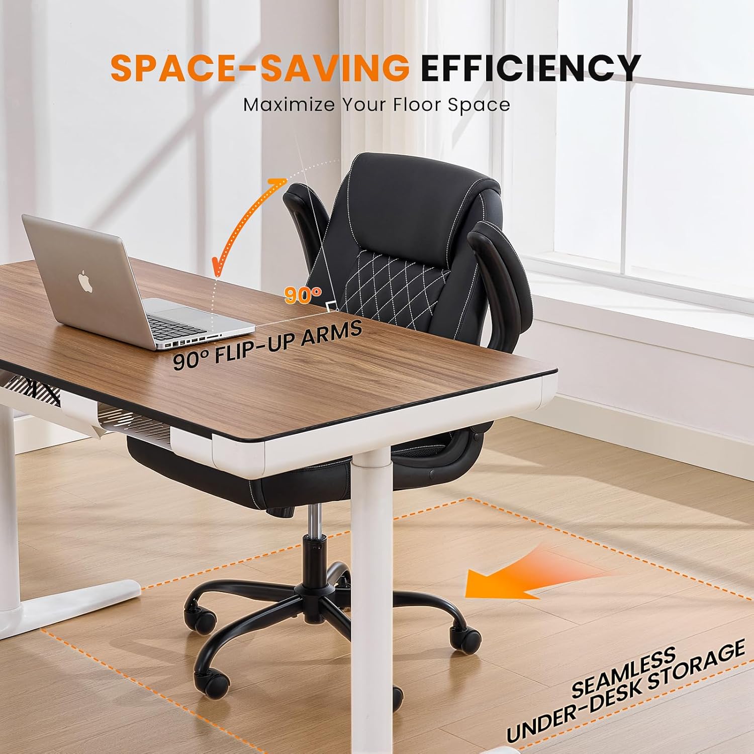 Leather Office Chair, 300lbs Heavy Duty Mid-Back Desk Chairs with Flip-up Armrests, Space-Saving Swivel Task Chair with Wheels, Adjustable Height and Ergonomic Back Support, Black