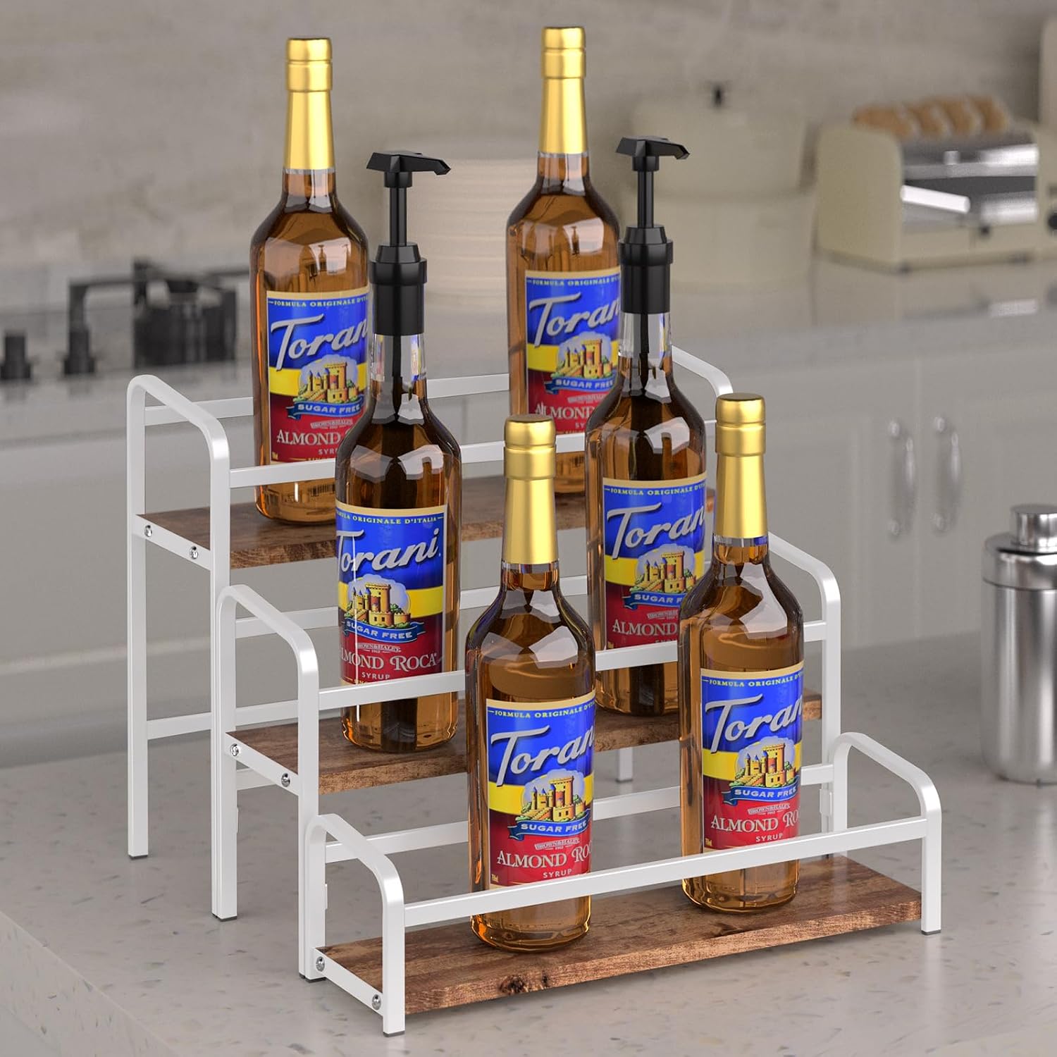 Coffee Syrup Rack,12 Bottle Capacity,3 Tier Coffee Bar Organizer,Kitchen Wine Rack,Coffee Station for Syrup, Wine Stand Shelf,Coffee Bar Accessories (Dark Brown Wood, White)