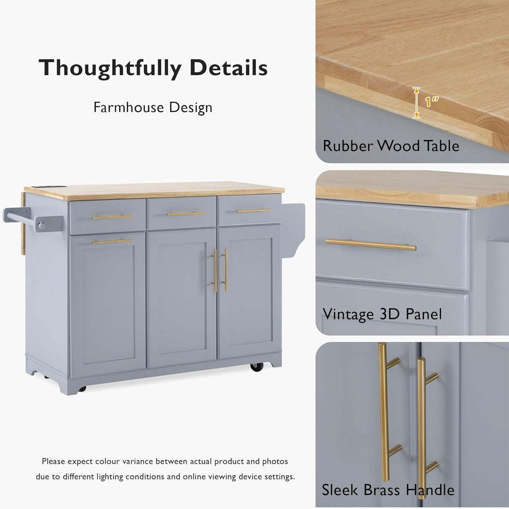 59.3" Kitchen Island with Drop Leaf and Pull Out Trash Can Storage Cabinet, Rolling Kitchen Island Table with Power Outlet, Spice & Towel Rack for Kitchen, Dining, Grey Blue