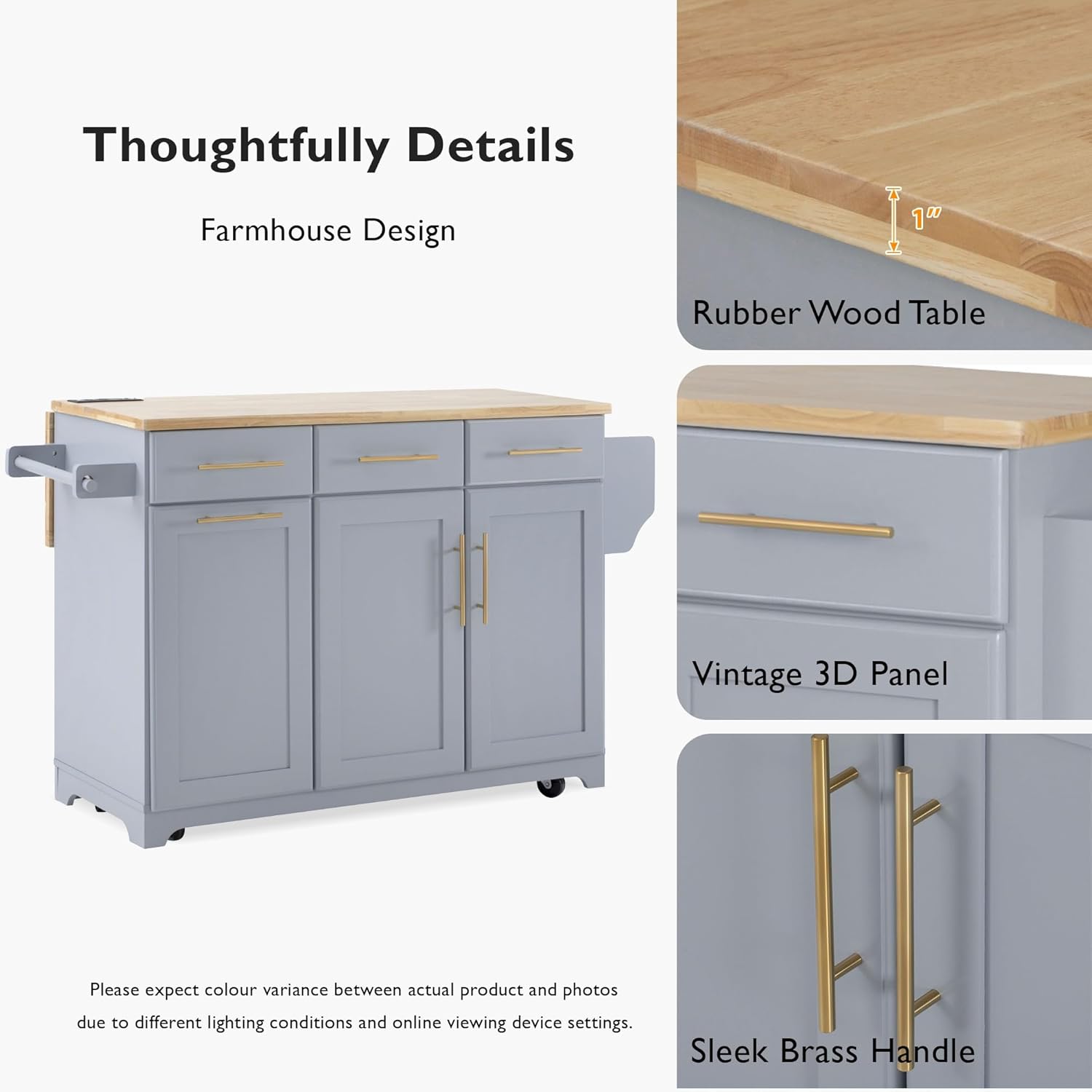 59.3" Kitchen Island with Drop Leaf and Pull Out Trash Can Storage Cabinet, Rolling Kitchen Island Table with Power Outlet, Spice & Towel Rack for Kitchen, Dining, Grey Blue