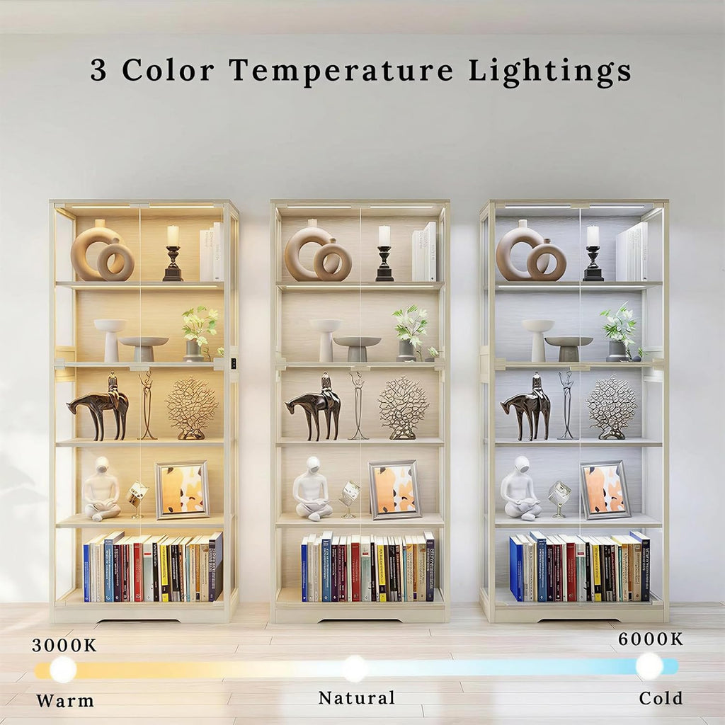 Display Cabinet with Glass Doors, 5-Tier 65" Glass Display Cabinet with LED 3-Color Lights & Human Body Sensor, Curio Cabinet with Textured Wood Shelves for Collectibles (Warm White Iron Frame