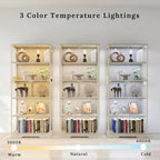 Display Cabinet with Glass Doors, 5-Tier 65" Glass Display Cabinet with LED 3-Color Lights & Human Body Sensor, Curio Cabinet with Textured Wood Shelves for Collectibles (Warm White Iron Frame