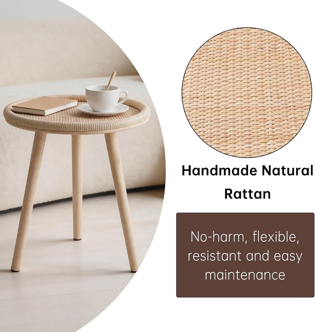 Small Rattan Side Table, Round Side Table for Living Room, Boho Wicker Coffee Table, Wooden Accent Table for Bedroom, Balcony, Small Space, Home Decor