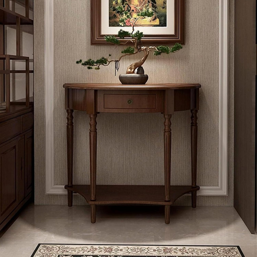 Half Moon Table, Table Solid Wood with Drawer Half-Moon Porch Side Elegant Vintage, Semi-Circle Entryway Storage Shelf, for Hallway Entrance Decor(Walnut-Colored, 23.6" L x 11.8" W x 31.5" H)