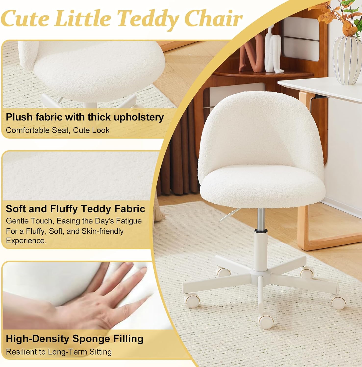 VINGLI Modern Vanity Chair with Back, Velvet Desk Chair for Girls, Small Office Chair with Silent Wheels， Stylish and Comfortable, White