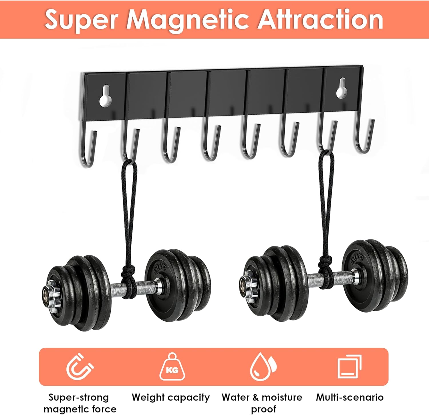 Magnetic Key Holder with 8 Hooks for Fridge Key Hanger Organizer for Wall Mount with 8 Self-Adhesive Sticker No Drilling Required Metal Key Rack for Door, Bathroom, Kitchen,Garage (4, Black)