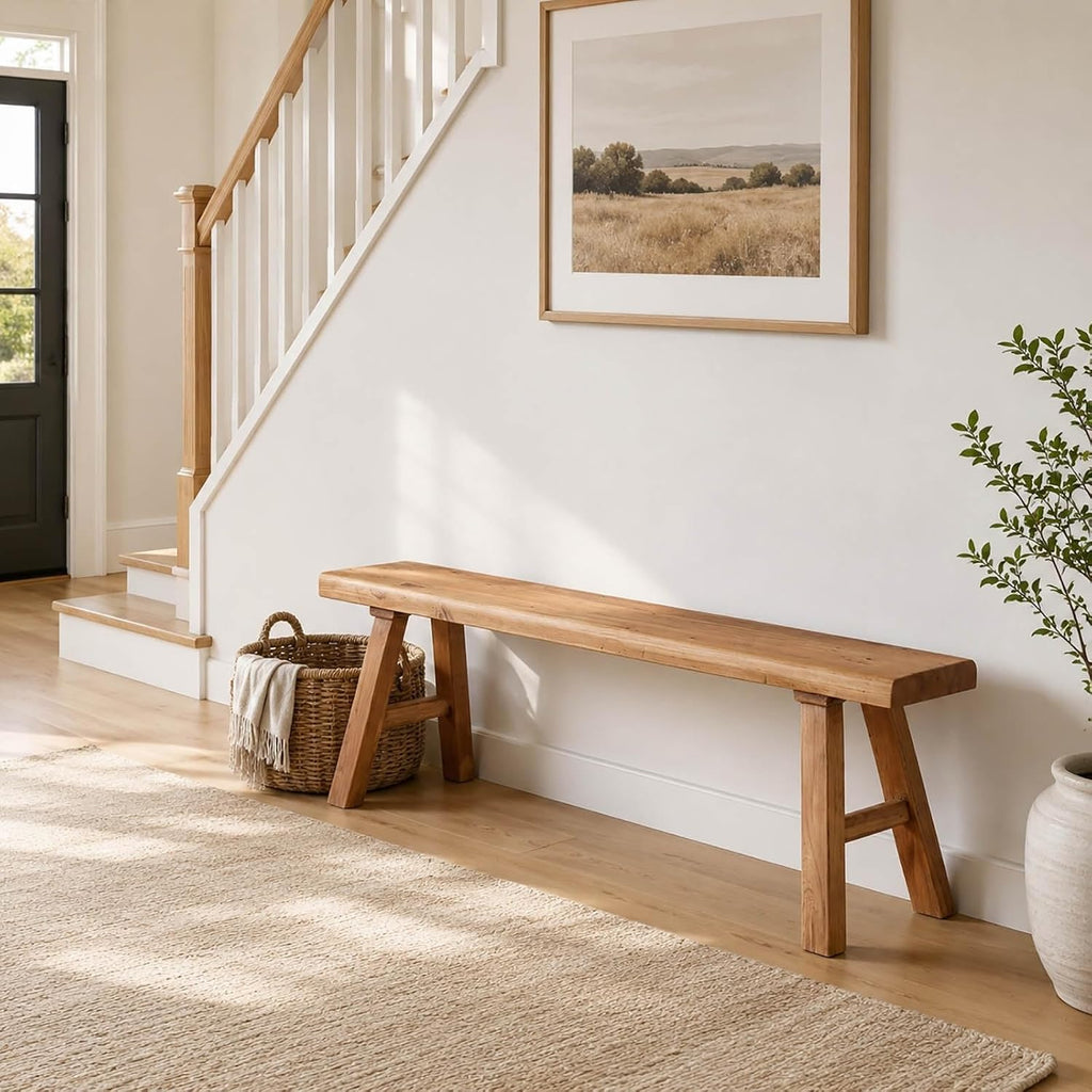 Farmhouse Solid Wooden Narrow Bench Natural Rustic Kitchen Dining Table Skinny Entryway Shoe Benches 47.2/62.9/70.8/78.8 In End of Bed Bench Dining Bench Shoe Bench For Hallway(59x10.2x17.7in)