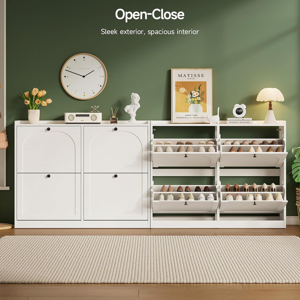 ONBRILL Shoe Cabinet with 4 Flip Drawers, Freestanding Ultra Slim Hidden Shoe Organizer with Classic Arched Pattern, 16-24 Pairs Shoe Storage Cabinet for Entryway Hallway Living Room (White)