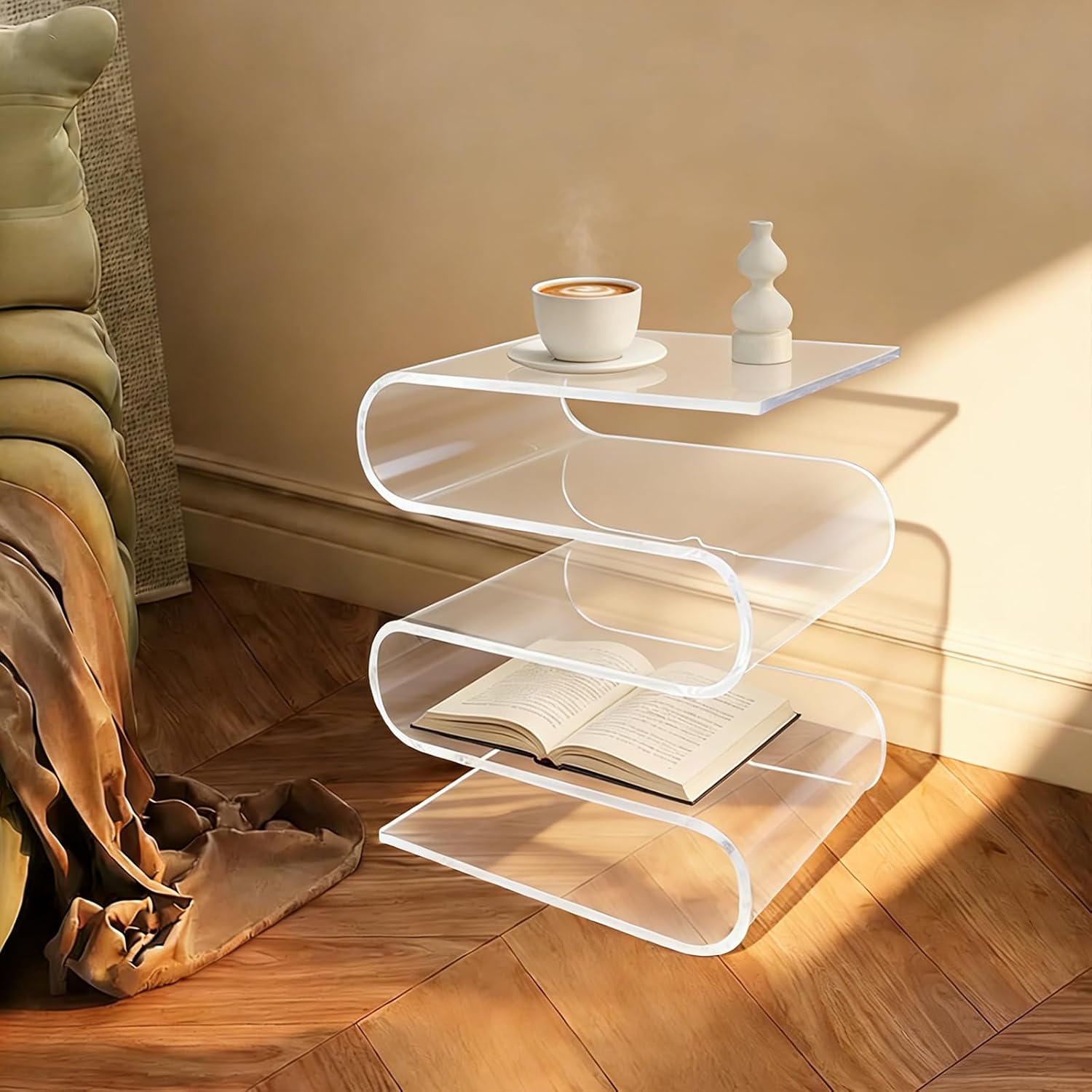 Clear Acrylic Side Table, S-Shaped Minimalist End Table Integrated Accent Tables for Living Room Bedroom No Assembly(S-Shaped, Clear)