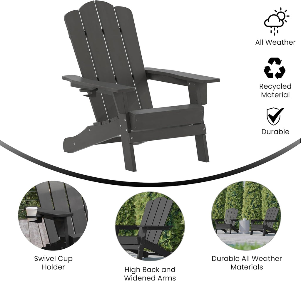Flash Furniture Newport Adirondack Chair with Cup Holder, Weather Resistant Poly Resin Adirondack Chair, Gray