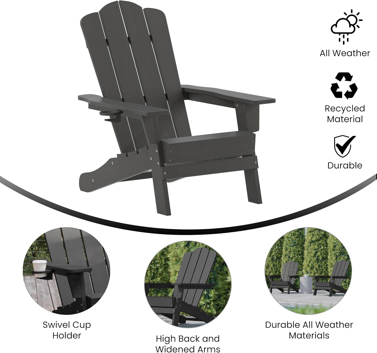 Flash Furniture Newport Adirondack Chair with Cup Holder, Weather Resistant Poly Resin Adirondack Chair, Gray