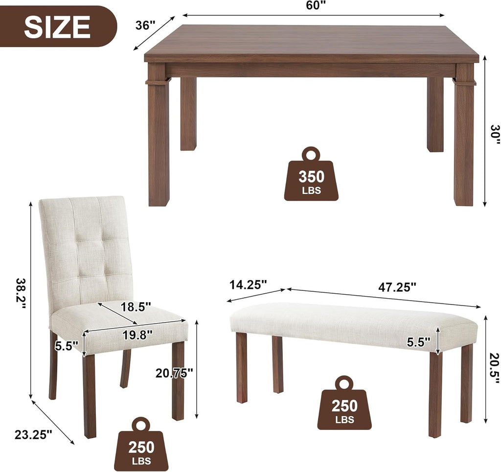 Merax 6-Piece Dining Set, Rectangle Kitchen Table with 4 Upholstered Chairs & Bench, Ideal for Dining Room and Living Room, Walnut