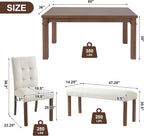 Merax 6-Piece Dining Set, Rectangle Kitchen Table with 4 Upholstered Chairs & Bench, Ideal for Dining Room and Living Room, Walnut
