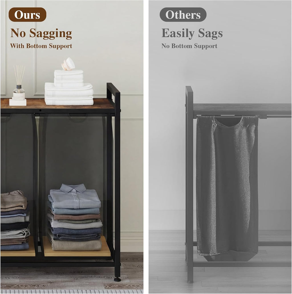 Laundry Sorter, Freestanding Black Hamper Basket, 2 Section Organizers and Storage, Pull-Out Fabric Bags, 100lb Capacity MDF Shelf, Metal Frame, 48L Bags, 26.8x13x28.5 Inch