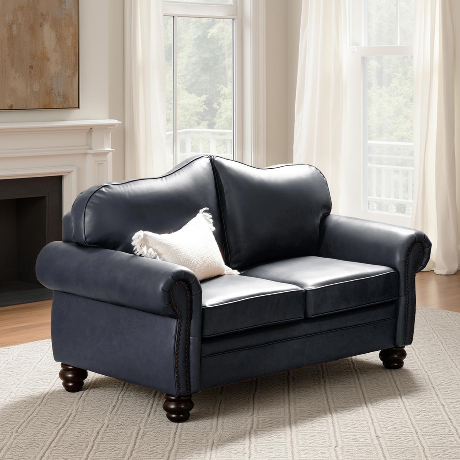 60" Wide Genuine Leather Chesterfield Loveseat, 2 Seat Leather Sofa with Rolled Arms, Nailhead Trim for Living Room Furniture, Easy Assembly – Navy