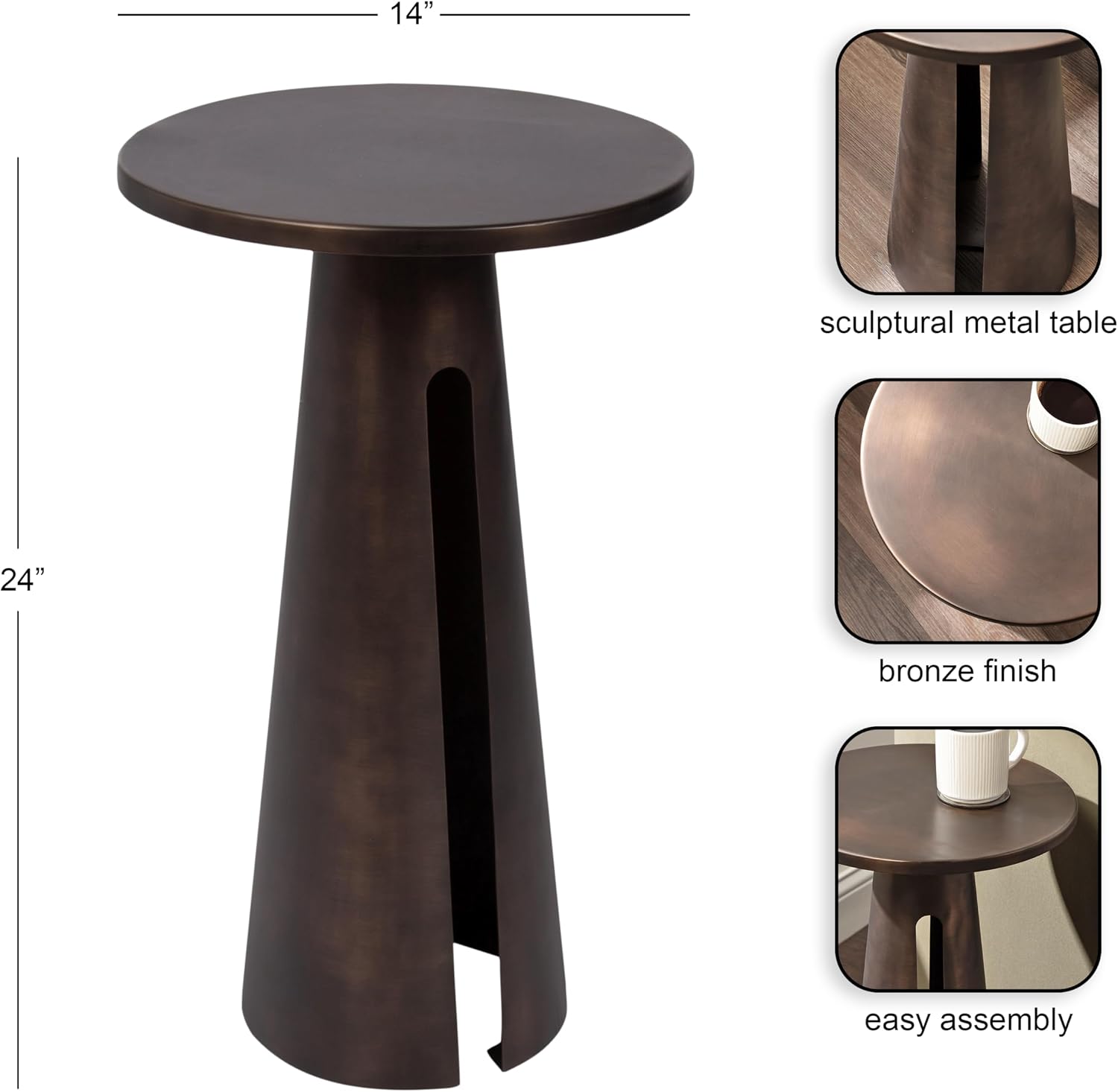 Kate and Laurel Picard Modern Metal Round Side Table, 14 x 14 x 24, Bronze, Sculptural Circle End Table for Use as Unique Bedroom Nightstand or Pedestal Martini Table
