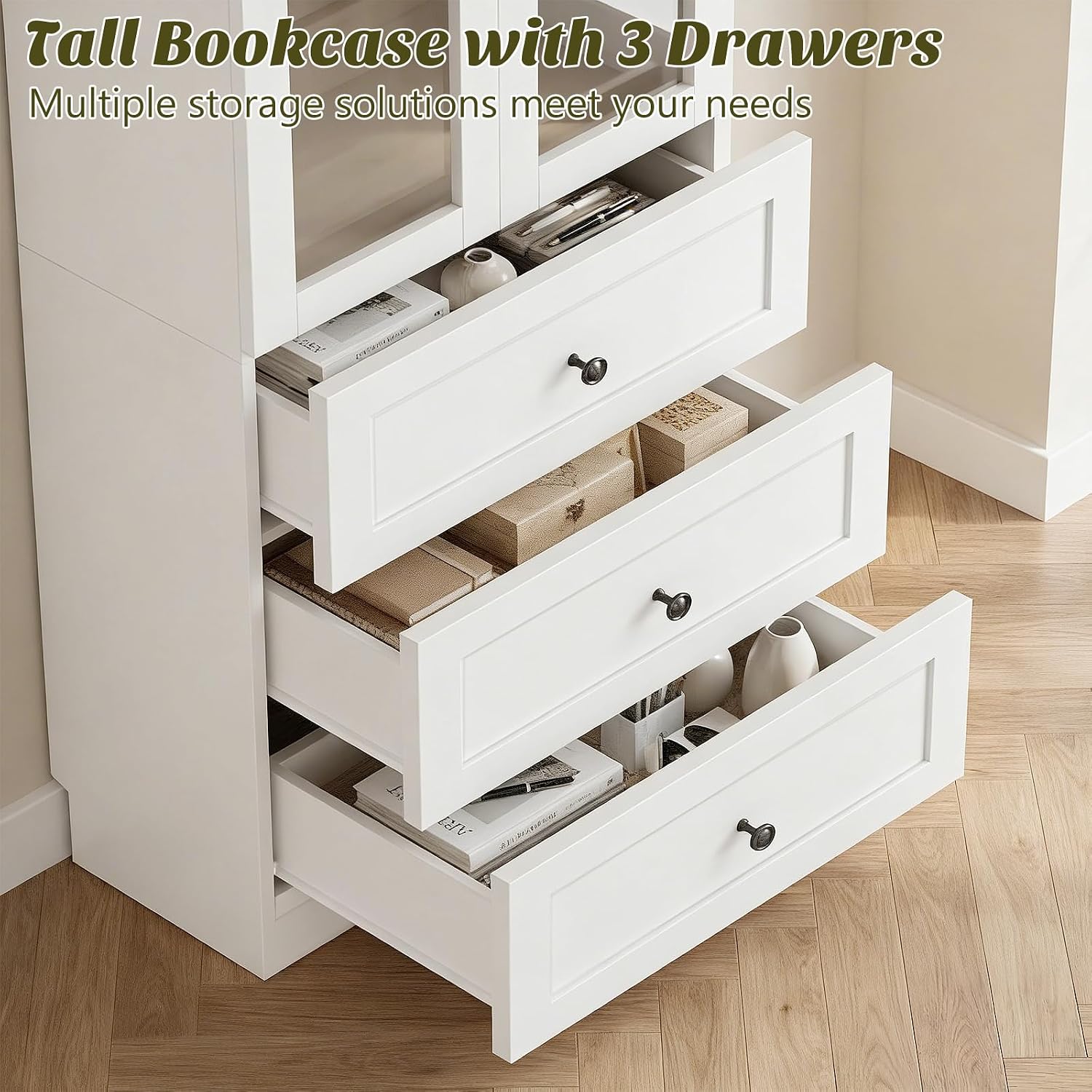 Cyclysio 3-Piece Pantry Cabinet Set, 80" Tall Kitchen Pantry Storage Cabinets with Glass Doors, Open Shelves, and 7 Drawers, White Wood Pantry Hutch Set for Kitchen, Dining Room, Living Room