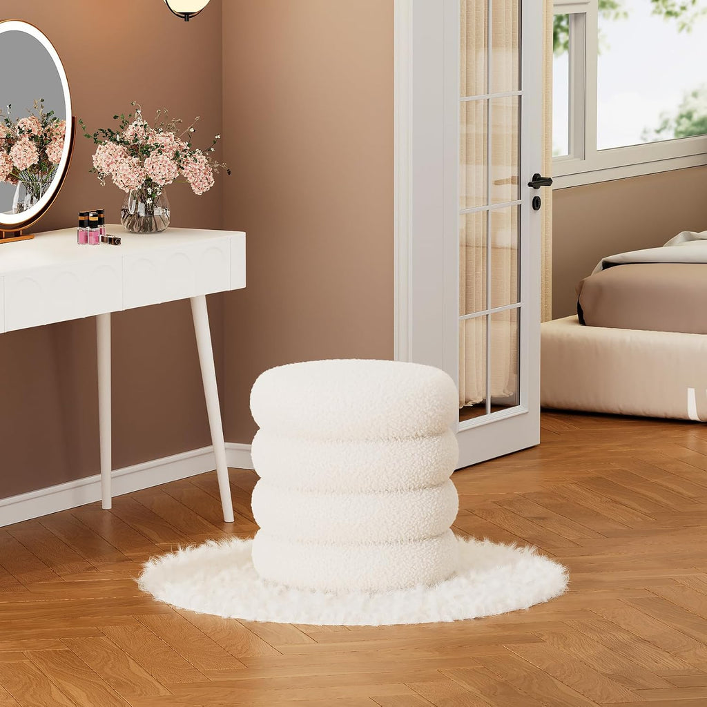 Soft Teddy Round Ottoman with Tray, 17.5 Inches Ottoman Coffee Table with Storage for Living Room, Vanity Stool with Storage Bedroom, Load up to 300 lb, No Assembly Required (White)