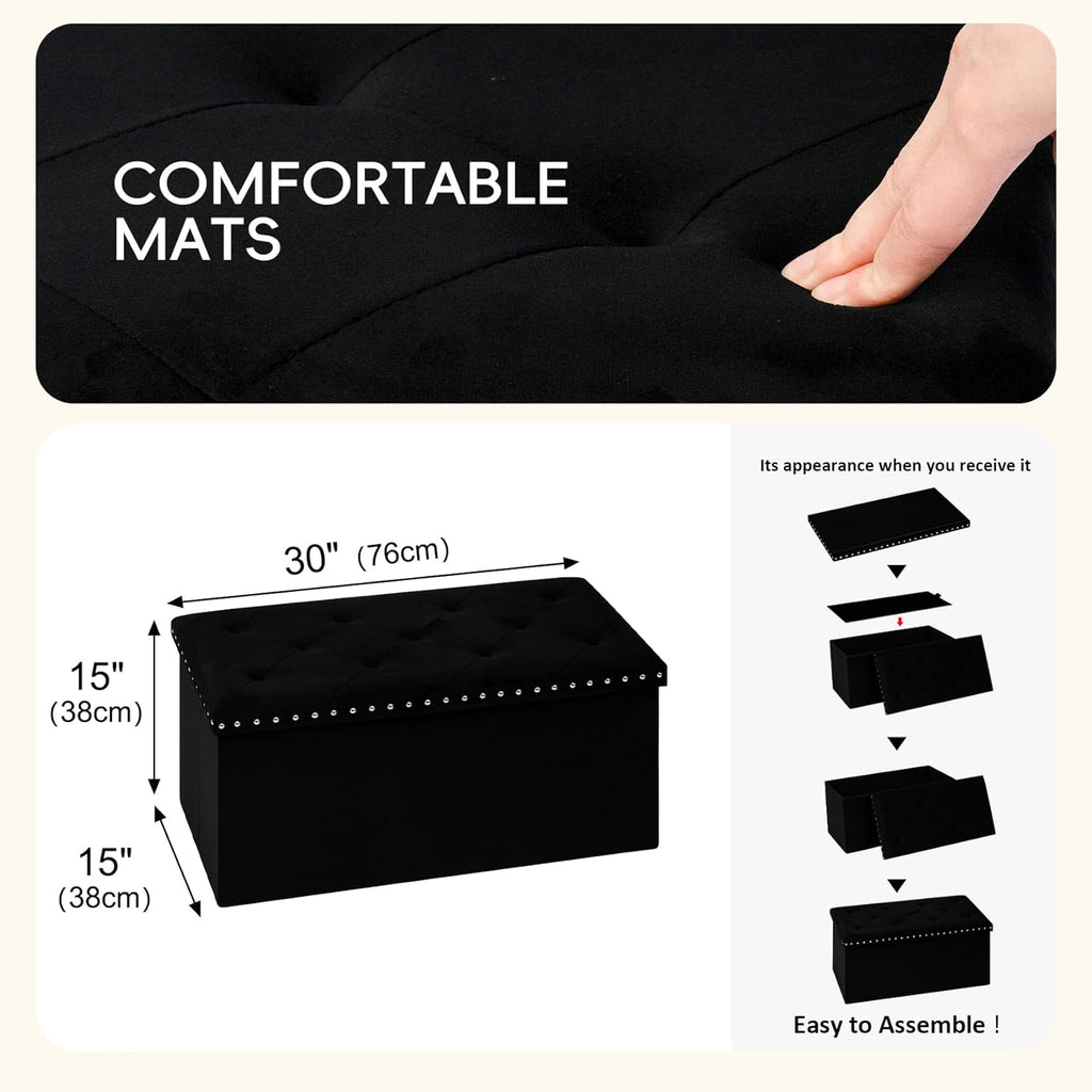 PINPLUS Velvet Storage Ottoman Bench with Foot Rest, Large Long Folding Shoes Stool, Sturdy Space-Saving Furniture for Bedroom Living Room, Black, 30"x15"x15"