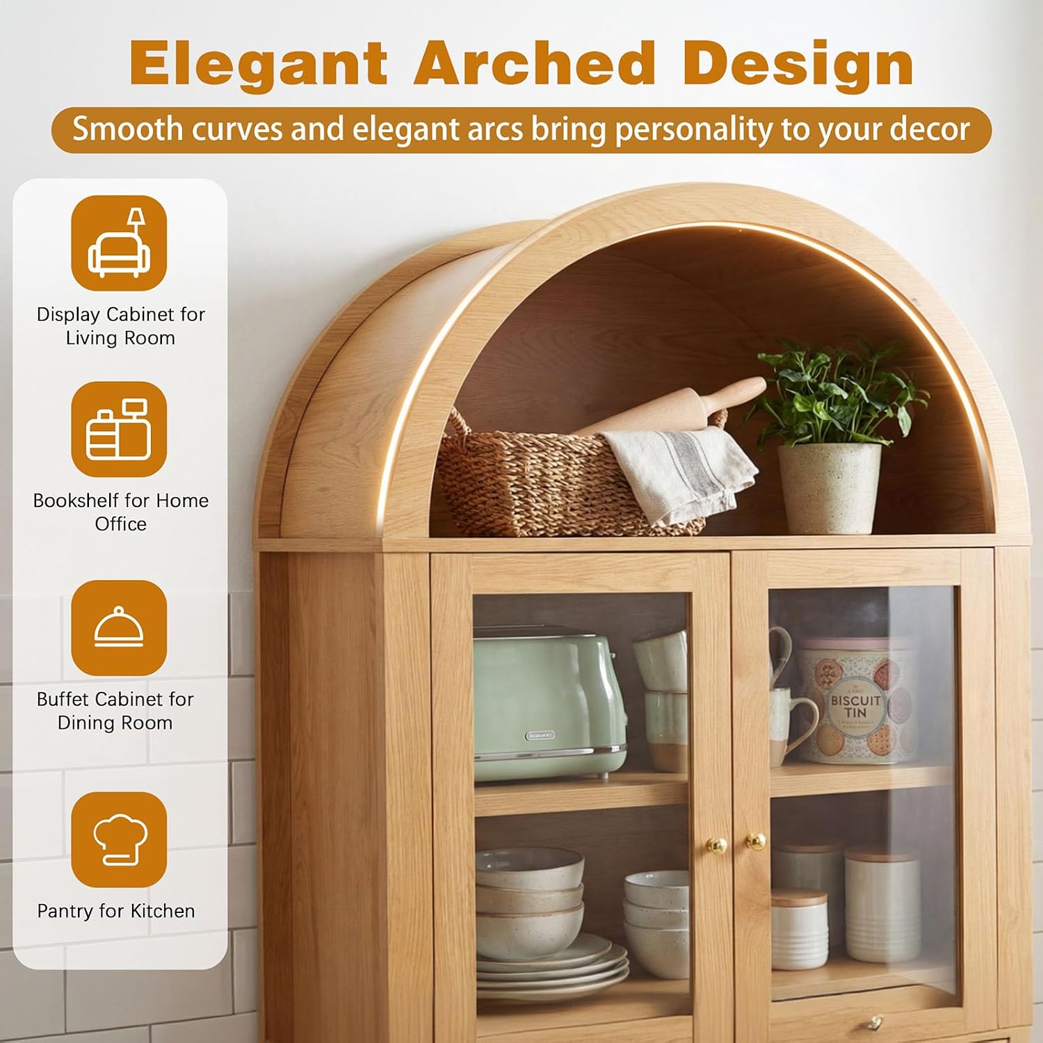 71" Fluted Tall Arched Pantry Cabinet with Glass Doors,Hutch Cabinet with Storage for Kitchen, Living Room, Dining Room, Wood Color