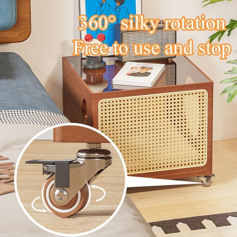 Bedside Table with Cat Condo Movable Side Table Wood and Handcrafted Rattan Cat End Table Square Coffee Table for Living Room All Occasion