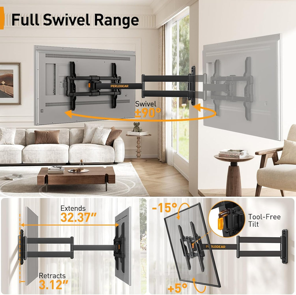 Perlegear Corner TV Wall Mount Long Arm TV Mount Bracket for 37-75 Inch TVs-Full Motion Wall Mount with 32.37” Extension & Swivel Articulating Arm & Tilt, MAX VESA 600x400mm, Holds up to 100 lbs