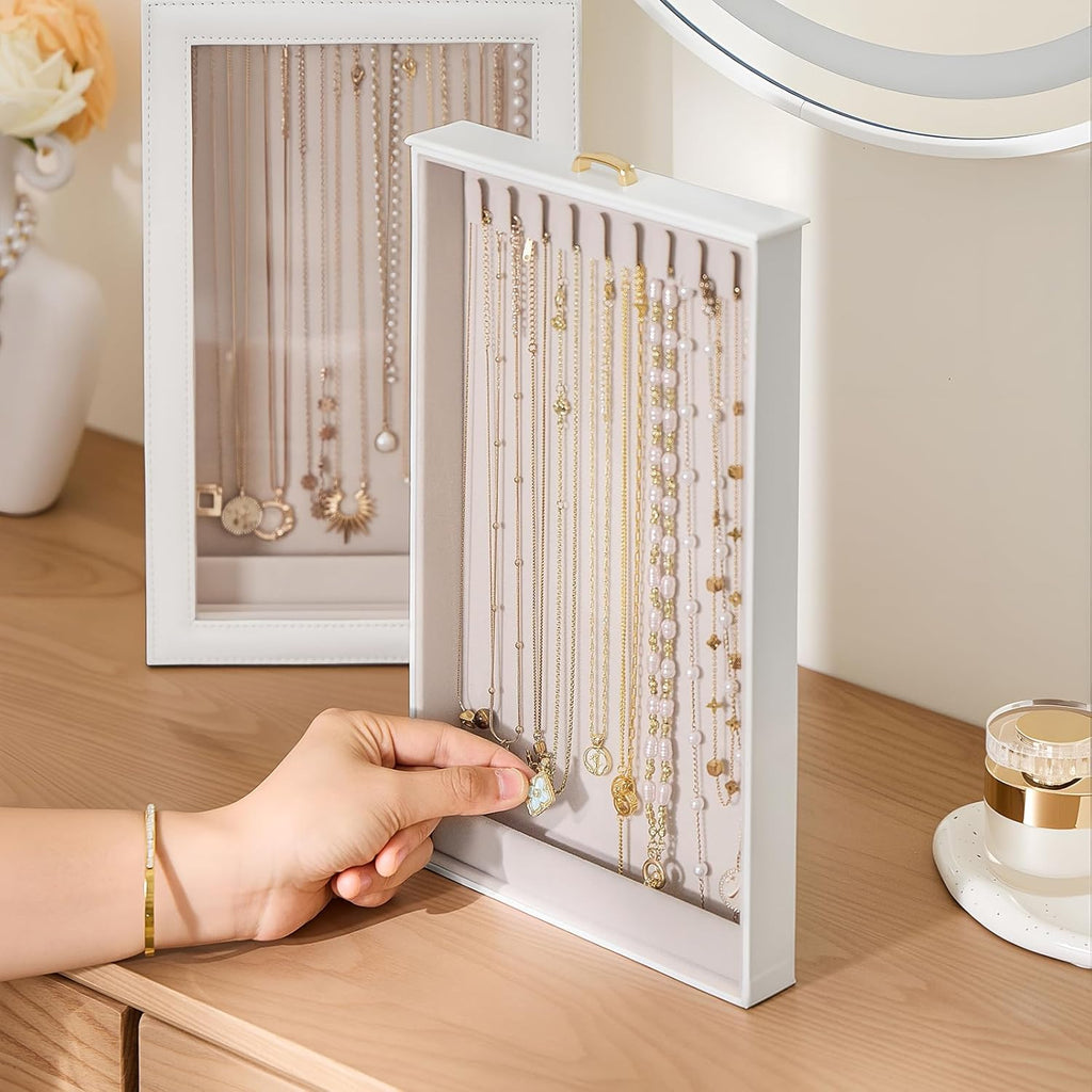 Lolalet Necklace Organizer Box, Jewelry Storage Box with Clear Window for Necklaces Bracelets, Tangle-Free Necklace Display Case for Women Girls, White, 2 Layers 20 Hooks