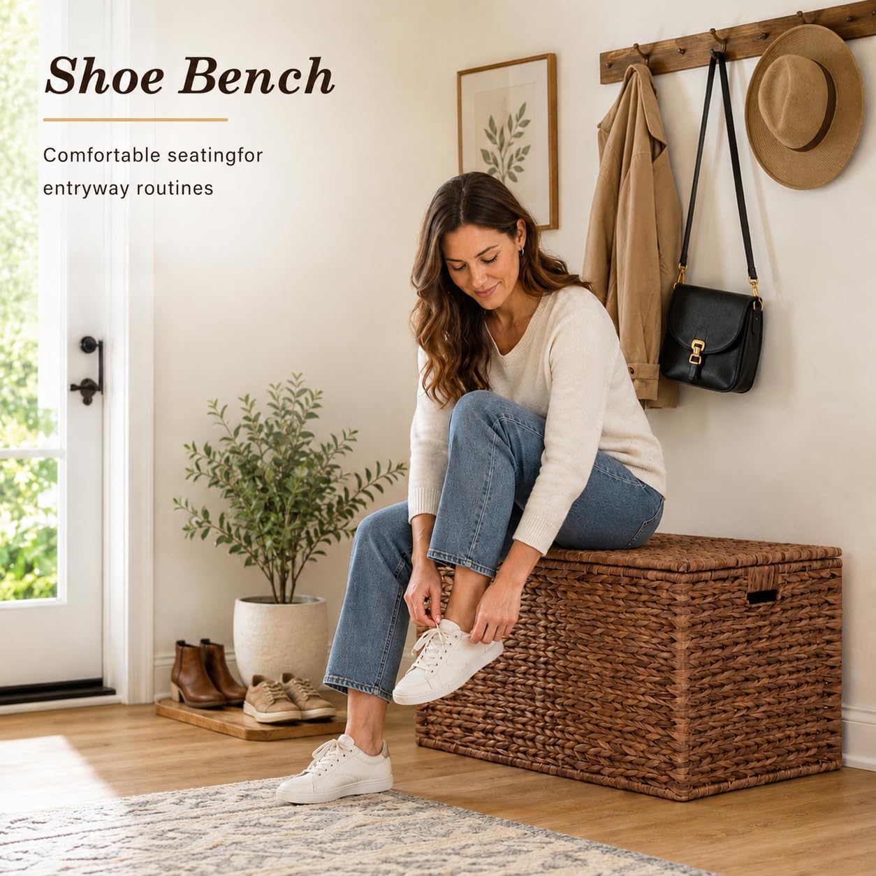 Storage Trunk w/Lid & Handles,Hand-Woven Water Hyacinth Storage Trunk,Wicker Storage Chest, Storage Bench, Wedding Trunk, for Living Room, Bedroom (Brown)