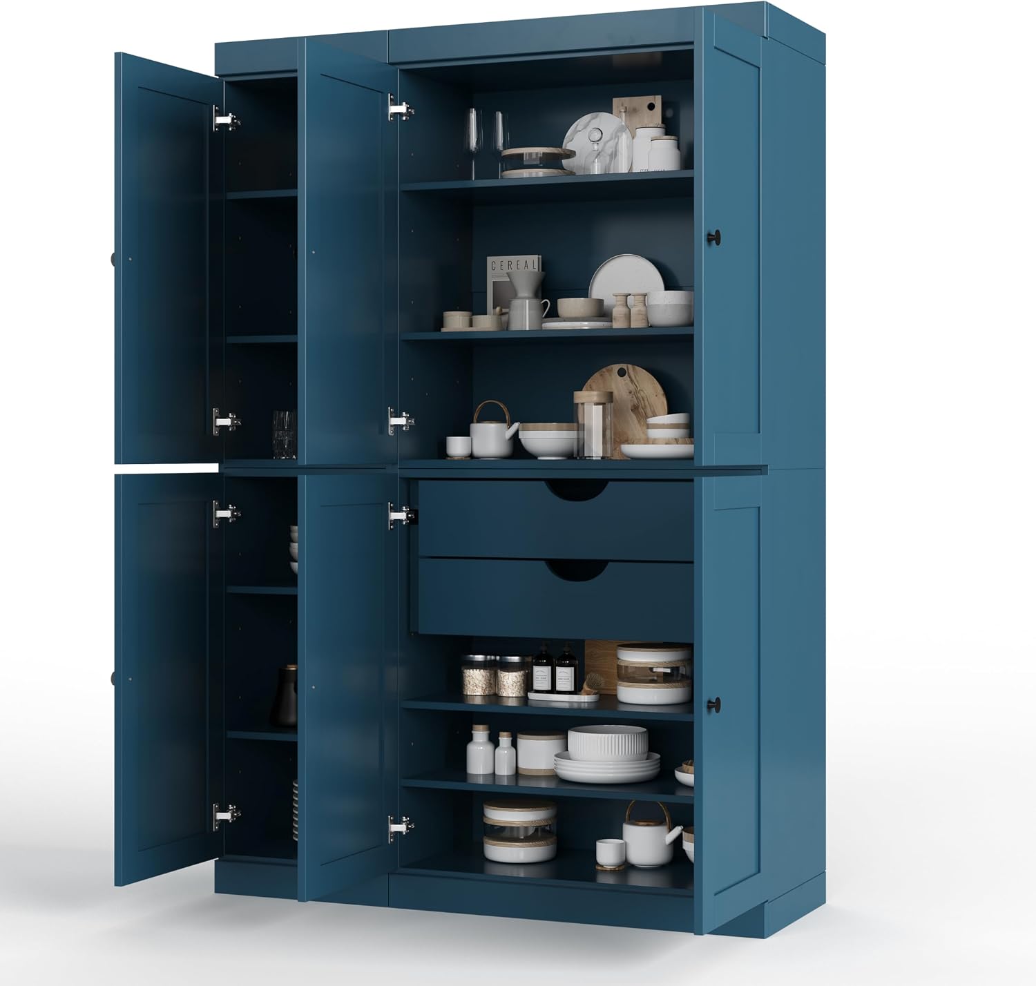 Palace Imports Solid Wood Kitchen Pantry Cabinet - 71.5" H x 48.5" W – Wooden Storage Cabinet w/ 6 Shaker Doors, 2 Drawers & 8 Adjustable Shelves – Teal Blue, 100% Eco-Friendly Wood, Made in Brazil
